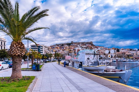 Amazing view of the city of kavala,the picturesque city of north Greece, situated on the bay of Kavala,looking at the aegean sea.