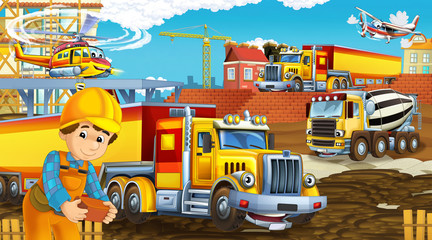 Obraz na płótnie Canvas cartoon scene with industry cars on construction site and flying helicopter and plane - illustration for children