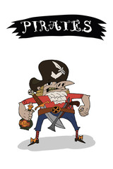 Fototapeta na wymiar Dangerous little pirate with a bottle of rum and shoes. Color illustration, suitable for a poster, t-shirt print, children's printed materials.