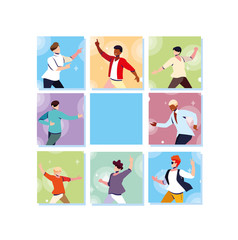 set of men dancing in nightclub, party, music and nightlife