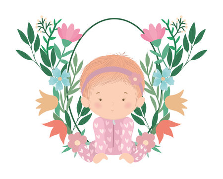 Cute Baby Girl With Flowers And Leaves Vector Design