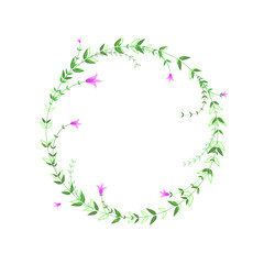 Fototapeta na wymiar Round frame with green foliage and pink flowers. Delicate design element. Vector floral illustration. Design template for logo, invitation, greetings. Laconic stylish wreath. Minimalist border. 
