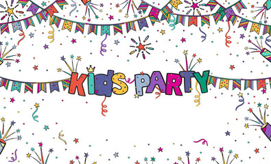 Kids party colorful vector banner in cartoon style with an inscription and free space on white background.