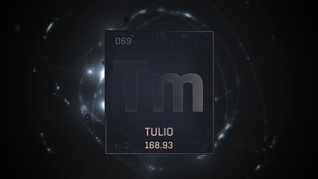 Thulium as Element 69 of the Periodic Table. Seamlessly looping 3D animation on silver illuminated atom design background with orbiting electrons. Name, atomic weight, element number in Spanish langua