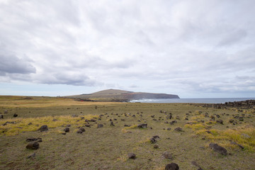 Fototapeta na wymiar View of the southern coast of Easter Island towards the Poike volcano. Easter Island, Chile