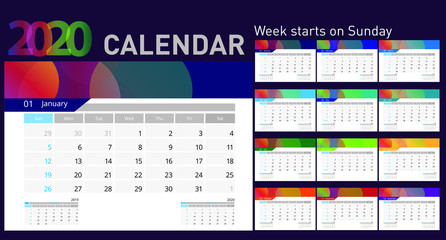 2020 vector calendar. Week starts from Sunday. Calendars of different colors