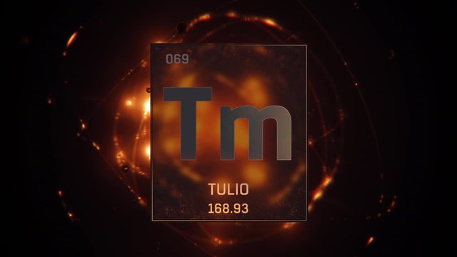 Thulium as Element 69 of the Periodic Table. Seamlessly looping 3D animation on orange illuminated atom design background with orbiting electrons. Name, atomic weight, element number in Spanish langua