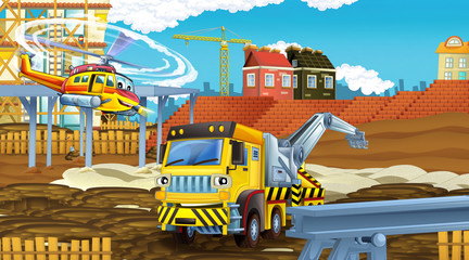 cartoon scene with industry cars on construction site and flying helicopter and plane - illustration for children