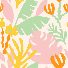 Motif floral moderne sans couture avec collage pastel de fruits et de plantes de la jungle. Fond contemporain dans le style scandinave. Texture tendance dessinée à la main pour l& 39 impression, le design, le tissu. Illustration vectorielle