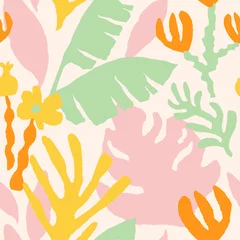 Papier Peint photo Pastel Motif floral moderne sans couture avec collage pastel de fruits et de plantes de la jungle. Fond contemporain dans le style scandinave. Texture tendance dessinée à la main pour l& 39 impression, le design, le tissu. Illustration vectorielle
