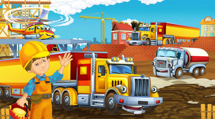 Fototapeta na wymiar cartoon scene with industry cars on construction site and flying helicopter and plane - illustration for children