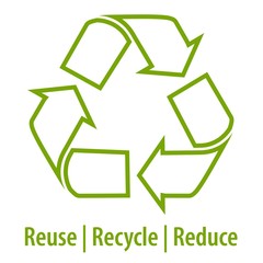 Recycle logo flat line art green icon with text Reuse, Recycle, Reduce isolated on white background.