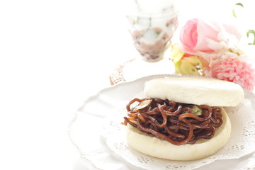 Japanese fusion food, Yakisoba and English muffin sandwich