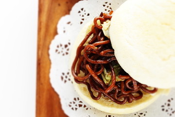 Japanese fusion food, Yakisoba and English muffin sandwich