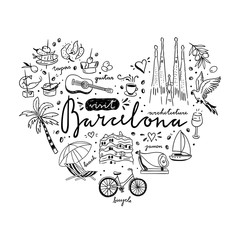 Image of Barcelona hand drawn icons and elements on white background. Travel destination Spain outline collection. Architecture and food of Barcelona sketch set printed on Printed Glass Basin Splashbacks