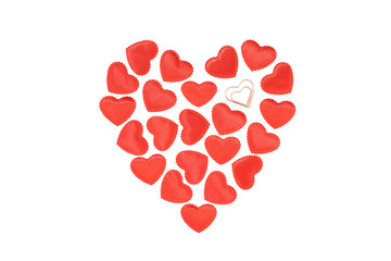 Heart shape with smaller fabric hearts monochrome isolated on white. Golden heart paper clip....