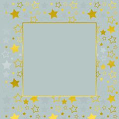 Frame with blank space for text. Border of golden stars. gray background. Vector for Christmas and New Year greeting card, banner, invitation, packaging design, illustration pattern