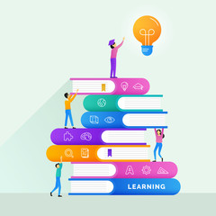 reaching education goal with teacher help poster background concept design. someone collect light bulb symbol on the many stack of study books raised by her lecture mentor vector illustration