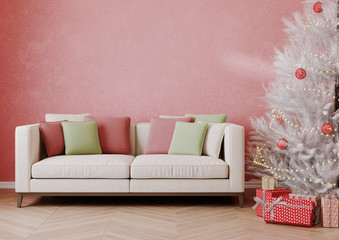 White Christmas tree and gifts on pink background wallpaper. 3D illustration