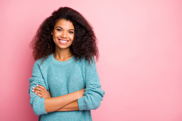 Photo of cheerful positive cute pretty nice woman in blue sweater smiling toothily expressing...