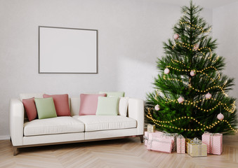 Modern Christmas interior with Mock up Posters, Scandinavian style on white background. 3D illustration