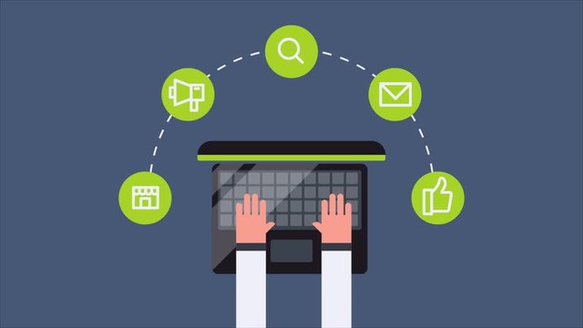 Digital marketing concept. Businessman promoting online business on internet, social media. 2d animation video clip.