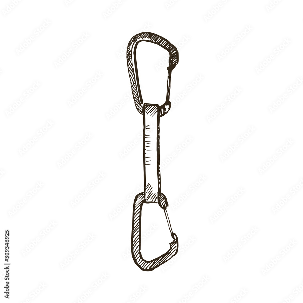 Wall mural Hand drawn quickdraw carabiner for climbing isolated on white.