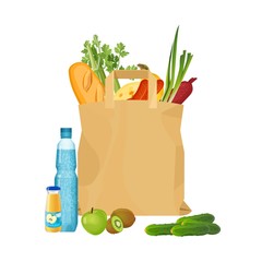 Full shopping bag of market food and grocery. Organic fruit, vegetables and supermarket products. Vector