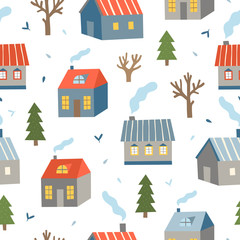 Houses seamless pattern. Vector background with cute homes and trees. Winter repeat concept. Merry Christmas pattern with hand drawn town