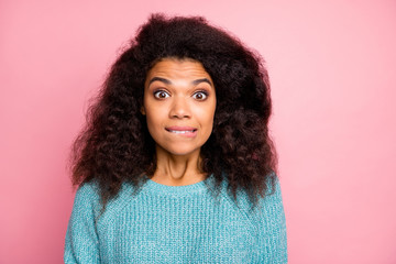 Photo of funny woman expressing astonished emotions on face looking at you being guilty about doing...