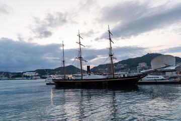 Wooden ship at Dejima Wharf Nagasaki restored by Dutch original design.