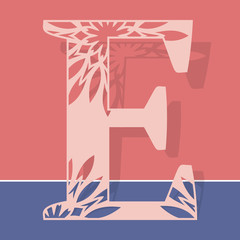 Laser cutting letter E. Woodcut vector design. Plywood lasercut gift. Pattern for printing, engraving, paper cut. Floral mandala design.