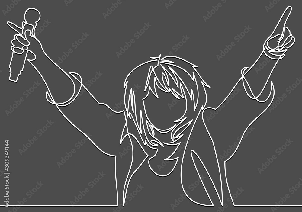 Wall mural singing woman with microphone in hands illustration. musical band vocalist.continuous line drawing - Wall murals