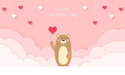 Happy Valentine's Day - Geschenkkarte, Süßer Bär hält Herz Ballon. Hintergrund in Papierschnitt, Wolken und Herzen hängen von der Decke Banner	