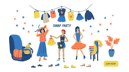 Swap party vector illustration isolated on white background. Friends exchange their clothes and shoes. Three nice women on  an eco-friendly event. Landing page template.
