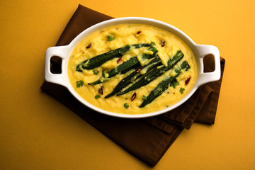 Dahi Bhindi or Okra in Yogurt Gravy, served in a bowl or karahi, selective focus