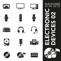 High quality black and white icons of electronic device. Blacklinge are the best pictogram pack unique design for all dimensions and devices. Vector graphic, logo, symbol and website content.