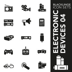 High quality black and white icons of electronic device. Blacklinge are the best pictogram pack unique design for all dimensions and devices. Vector graphic, logo, symbol and website content.
