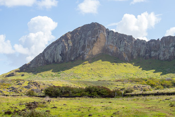 View of the Rano Raraku volcano, the quarry of the moais, Easter Island. Easter Island, Chile