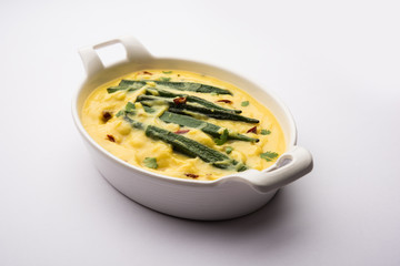 Dahi Bhindi or Okra in Yogurt Gravy, served in a bowl or karahi, selective focus
