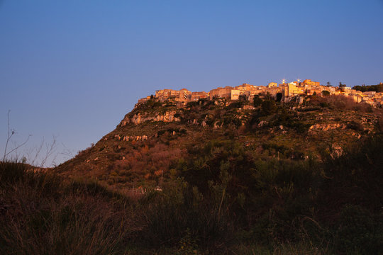 View of Assoro at sunset, Sicily
