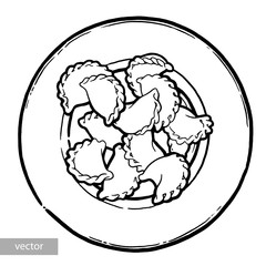 Dumplings, vareniki on a plate. Ink hand drawing. Food, vegetables and fruit isolated on white background. Book illustration, recipe, menu, magazine or journal article.