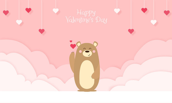 Happy Valentine's Day - Geschenkkarte, Süßer Bär winkt Herz. Hintergrund in Papierschnitt, Wolken und Herzen hängen von der Decke Banner	