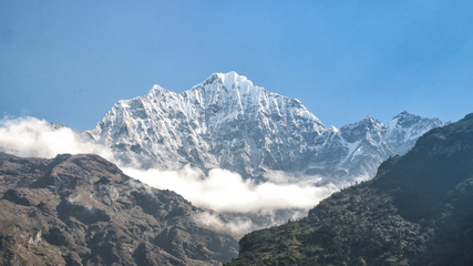 Fototapeta na wymiar Everest Base Camp Thamserku mountain view from lukla to phakding and namche bazaar,Nepal
