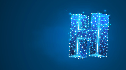 Alphabet letter H. Design of an Uppercase letter. Banner, template or a pattern. Abstract digital wireframe, low poly mesh, vector blue neon 3d illustration. Triangle, line dot