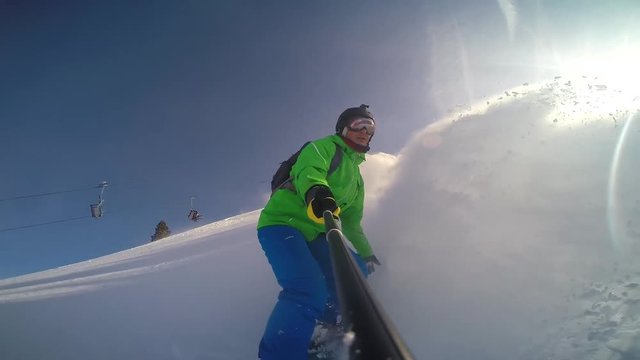 Snowboard selfie powder snow 