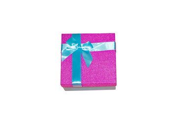 Pink gift box with blue bow on white isolated background