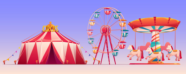 Amusement carnival park with circus tent and attractions ferris wheel and carousel with horses. Set of fair entertainment and family recreation objects, isolated clip art. Cartoon vector illustration