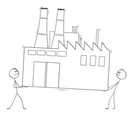 Vector cartoon stick figure drawing conceptual illustration of two men or businessmen carrying the factory, business concept of relocating or moving of manufacturing sector to low-cost country.