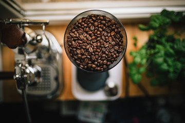 Top view of coffee beans in coffee mill in kitchen